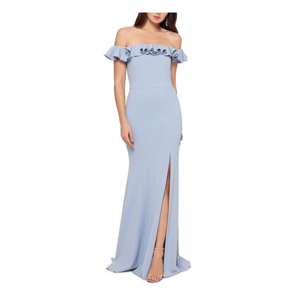 XSCAPE Trumpet Gown Women Size 4 Blue Off-the-Shoulder Ruffle Crepe Formal Dress